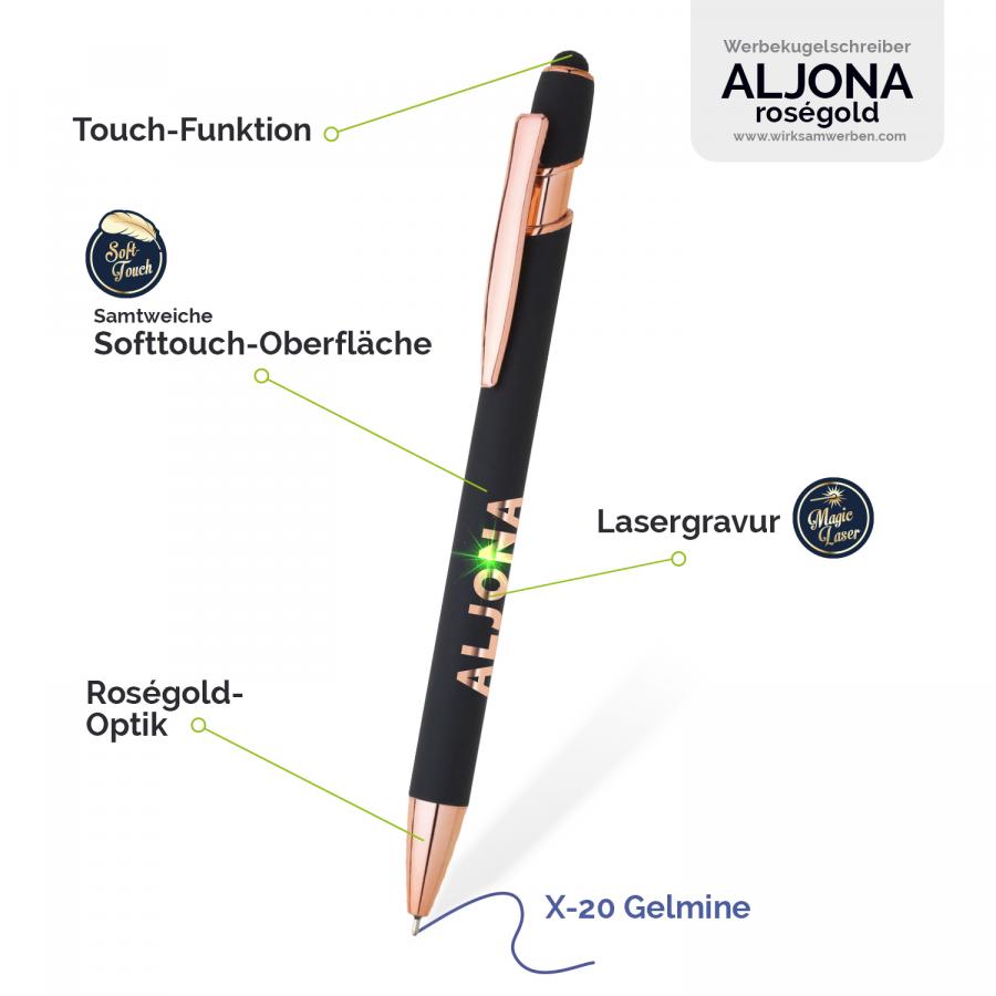 Detailaufnahme des ALJONA Kugelschreibers - betont die Softtouch-Oberflche, die elegante Rosgold-Optik-Gravur und die Touch-pen-Funktion. Fr alle, die Qualitt und Funktion in einem suchen.