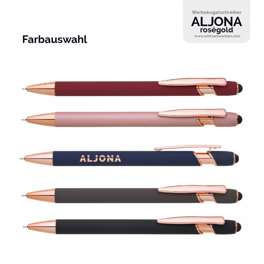 Farbpalette des ALJONA Kugelschreibers - Auswahl aus fnf stilvollen Farbvarianten, ergnzt durch die exklusive Rosgold-Optik-Gravur. Ein Must-Have fr Design-Liebhaber.